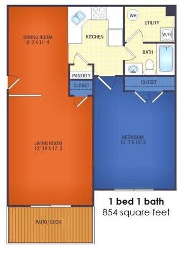 Floor plan for 1 bed, 1 bath, 854 sqft